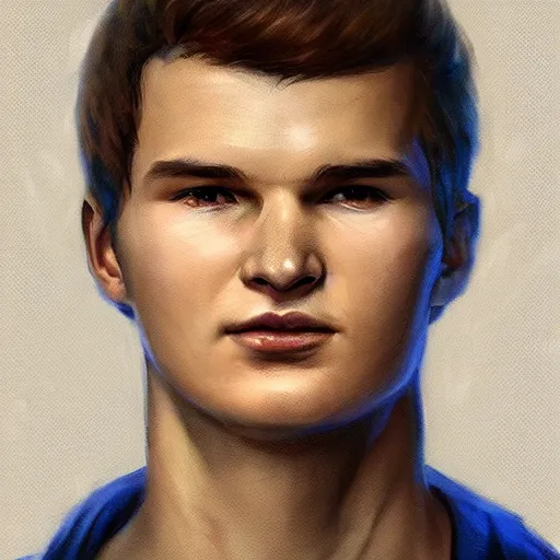 Image similar to portrait of a superhero by greg rutkowski, he looks like ansel elgort, he is wearing a blue and white kevlar gear with a cape, highly detailed portrait, digital painting, artstation, concept art, smooth, sharp foccus ilustration, artstation hq