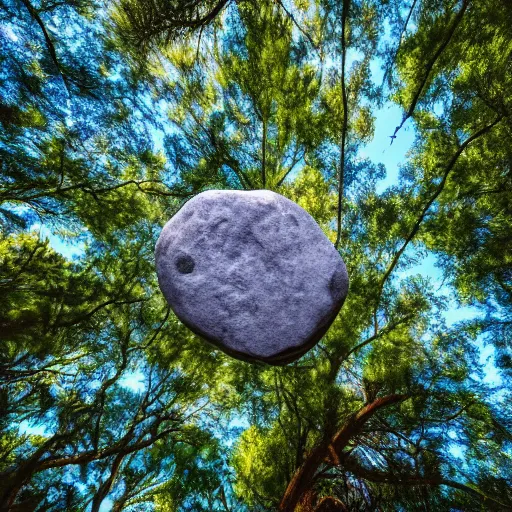 Image similar to Beautiful photo of a rock in an Australian forest, cut out of a quarry, blue sky, trees in the background, wallpaper, 4k, short exposure