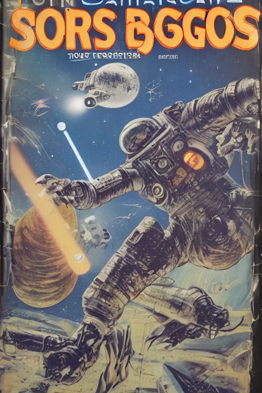 Image similar to photo of poor condition, torn, stained, vintage pulp scifi science fiction magazine cover on a table top, showing men wearing space suits shooting laser beams at a monster in an alien city, illustrated by basis gogos and arle bergey, 4 k, high definition