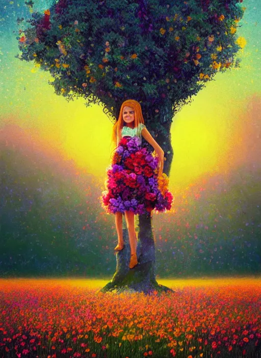 Image similar to girl with flower as a face, flower dress, standing in a flower field, big trees, sunrise dramatic light, impressionist painting, colorful clouds, digital painting, pointillism, artstation, simon stalenhag