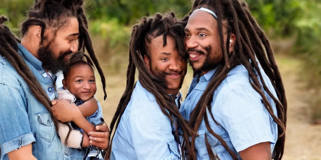Image similar to a baby with dreadlocks, carried by his dad