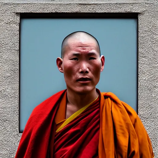 Image similar to portrait of a tibetan monk with facial cybernetic enhancements praying to a futuristic screen, photography