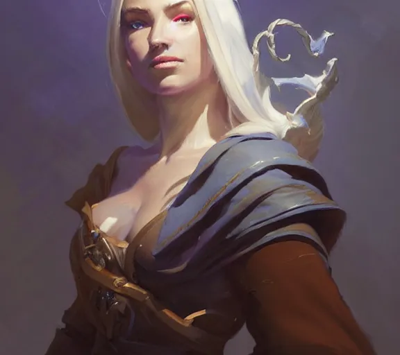 Image similar to greg manchess portrait painting of beautiful mage, d & d, fantasy, medium shot, asymmetrical, intricate, elegant, matte painting, illustration, hearthstone, by greg rutkowski, by greg tocchini, by james gilleard, by joe fenton, dynamic lighting, gradient light blue, brown, blonde cream and white color scheme, grunge aesthetic