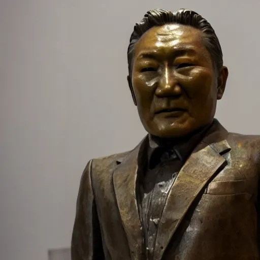 Prompt: close up shot of an old bronze patina statue of takeshi kitano in a museum