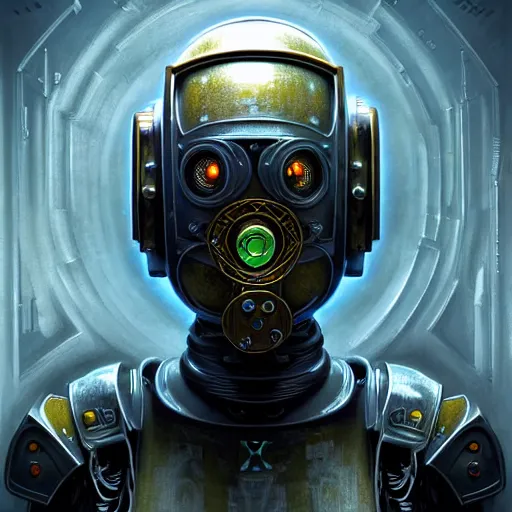 Prompt: low angle shot of a cyberpunk gazmask robot character wearing a gazmask, chernobyl, radioactiv sign, intricate, elegant, highly detailed, centered, digital painting, artstation, concept art, smooth, sharp focus, illustration, artgerm, Tomasz Alen Kopera, Peter Mohrbacher, donato giancola, Joseph Christian Leyendecker, WLOP, Boris Vallejo