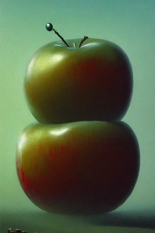 Image similar to something strange on my apple, close up of an apple, by zdzislaw beksinski, by dariusz zawadzki, by wayne barlowe, gothic, surrealism, cosmic horror, lovecraftian, cold hue's, warm tone gradient background, concept art, beautiful composition