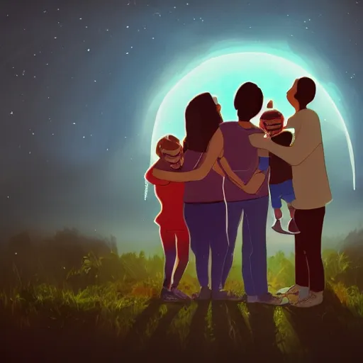Prompt: a family hugging each other for the last time as the world is ending, meteors are falling from the sky, everything is on fire, dramatic lighting, digital art, very very very very very very beautiful, 8 k, dark lighting, trending on artstation, award winning