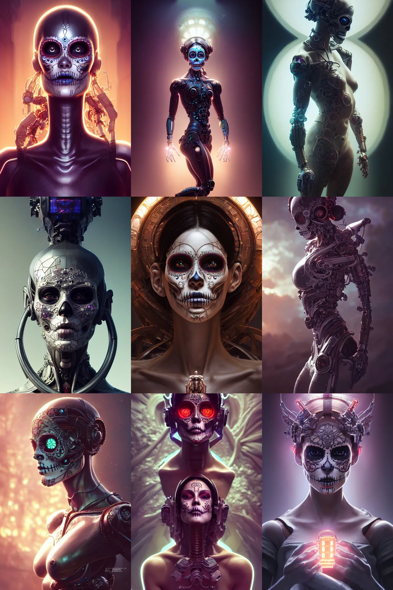 Prompt: the creation, female android, intricate detailed, ultra hyper realistic, dia de los muertos, cyberpunk, octane render, noir, concept art, unreal engine 5, photorealism, hd, 8 k, 3 d, beautiful, cinematic. art by artgerm and greg rutkowski and alphonse mucha and michelangelo, loish and wlop
