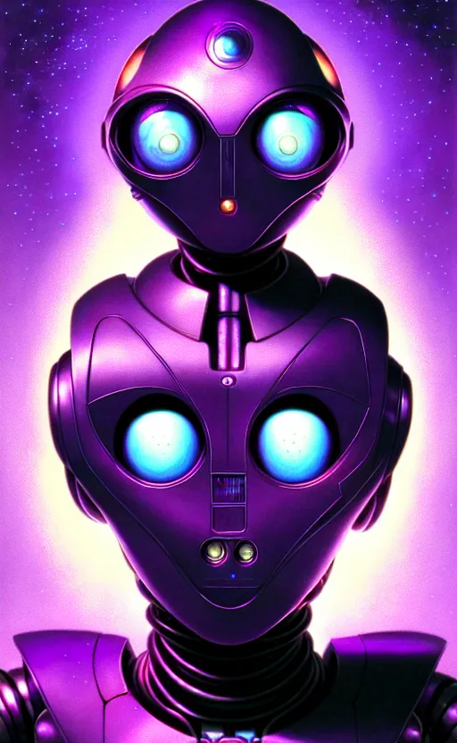 Prompt: friendly humanoid robot, big faceted eyes portrait bust, symmetry, faded purple colors, exotic alien features, cypherpunk background, tim hildebrandt, wayne barlowe, bruce pennington, donato giancola, larry elmore, masterpiece, trending on artstation, featured on pixiv, cinematic composition, beautiful lighting, hyper detailed, 8 k, unreal engine 5