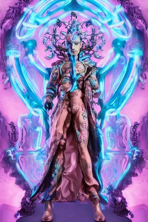 Image similar to full-body rococo and cyberpunk delicate neon crystalline sculpture of ((handsome muscular onyx albino prince Zayn Malik)) as an blue iridescent humanoid deity wearing ((peach plastic hooded cloak)) (holding a human skull) in a onyx castle dungeon, reclining, glowing pink face, crown of (pink lasers), large blue diamonds, swirling black silk fabric. futuristic elements. oozing glowing liquid, full-length view. space robots. intricate artwork by caravaggio. Trending on artstation, octane render, cinematic lighting from the right, hyper realism, octane render, 8k, depth of field, 3D