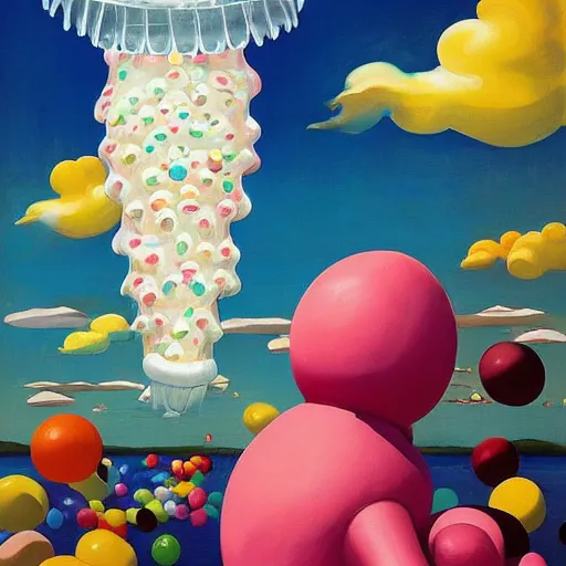 Image similar to Giant ice cream jellyfish and jellybeans fly through the air, as a tornado approaches, by Takashi Murakami, Edward Hopper, Bo Bartlett, and Cynthia Sheppard, Artstation