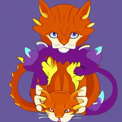 Image similar to small cute purple dragon, the dragon is hugging an orange tabby cat, soft, cozy