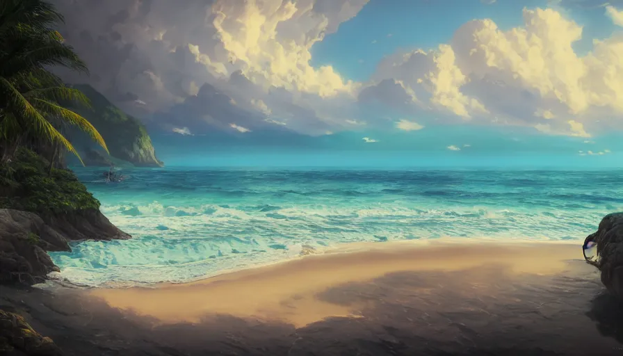 Prompt: A highly detailed matte oil painting of a beach by Mokoto Shinkai, hyperrealistic, breathtaking, beautiful composition, by Artgerm, by beeple, by Studio Ghibli, volumetric lighting, octane render, 4K resolution, trending on artstation