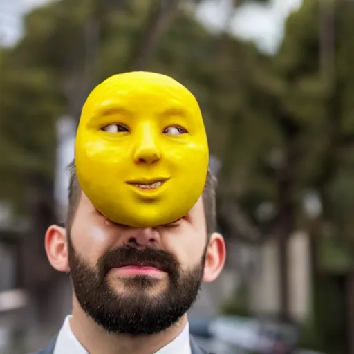 Image similar to a man wearing a suit lemon head