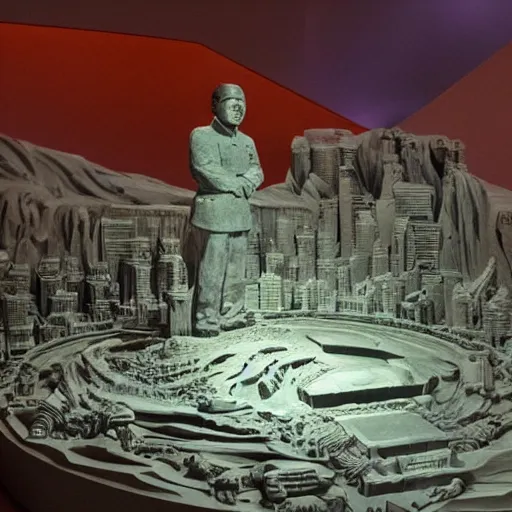 Prompt: a photo of mao zedong's sculpture in cybercity on mars a made of resin by joe johnston and nilo rodis, highly detailed, dramatic lighting, radiant light, detailed and intricate environment, wide angle, cinematic lighting