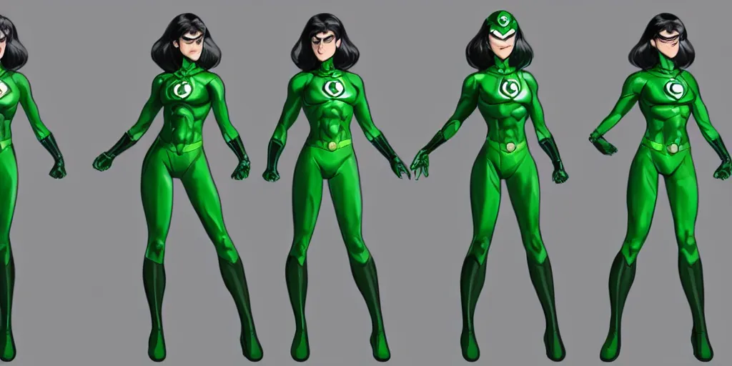 Image similar to full body exaggerated outfit, female green lantern character clean concepts by senior concept artist in the anime film, suit, powers, glowing, stronge, smooth, high detail, featured on artstation