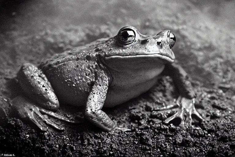Prompt: old award winning photograph of a humanoid frog miner deep in the coal mines covered in soot