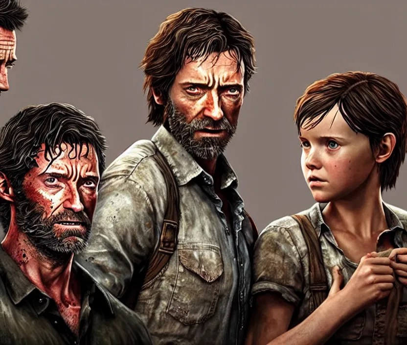 Image similar to hugh jackman as joel from the last of us standing with millie bobby brown as ellie, character concept art, hyperrealistic, detailed, accurate illustration, dramatic lighting