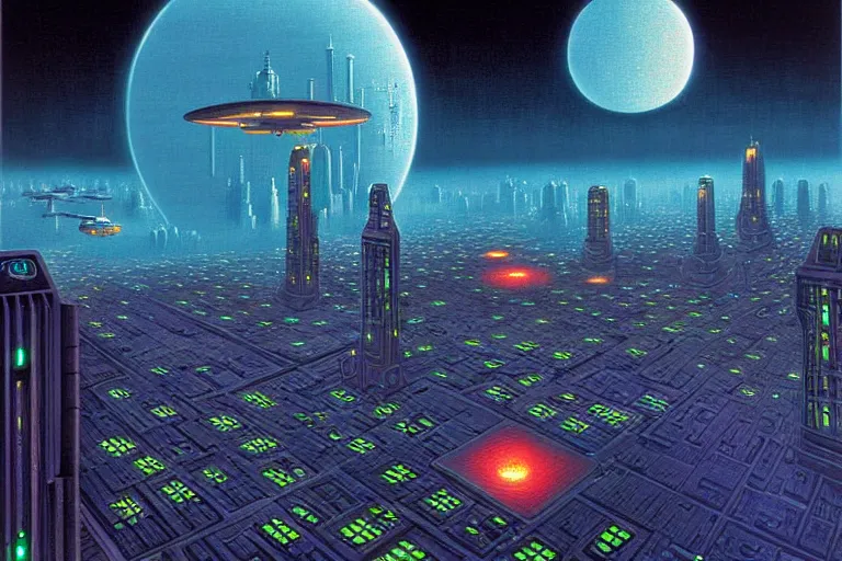 Prompt: a scifi illustration, Night City on Coruscant by david a hardy