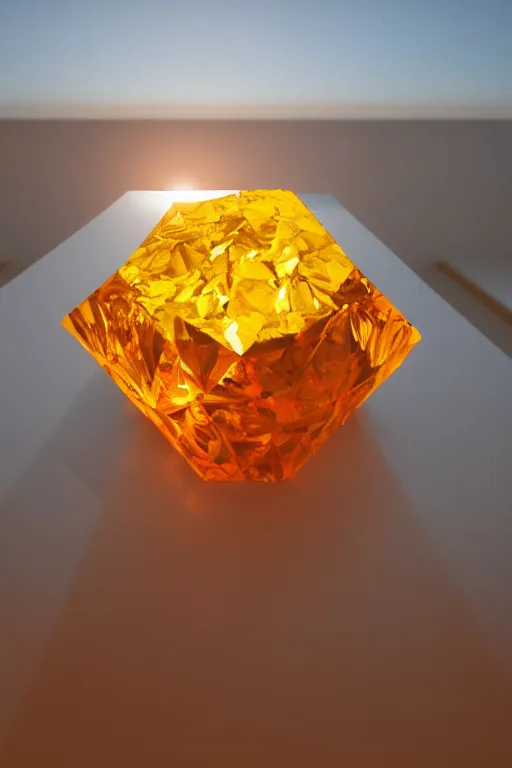 Image similar to a giant cubic orange and yellow crystal on a white table near a window at sunset, hyperrealistic, highly detailed, high qualit, 8K, godrays, warm lighting, path traced, high coherence, calm, macro photo, symmetrical, photorealistic, low contrast, serene landscape, beautiful, geometric