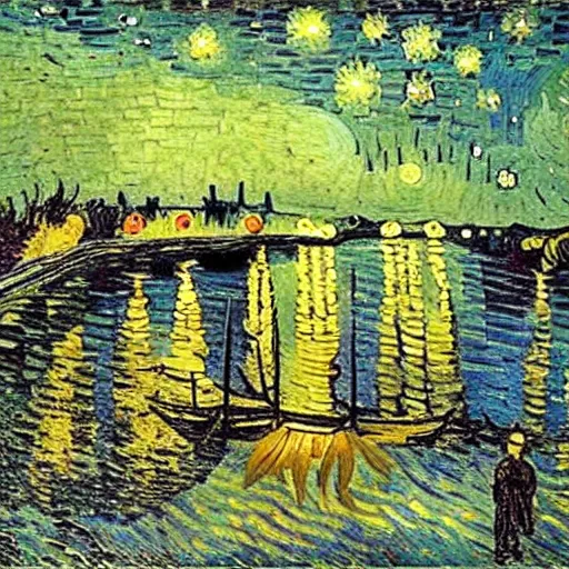 Image similar to highly detailed beautiful lake, with stars, by Van Gogh