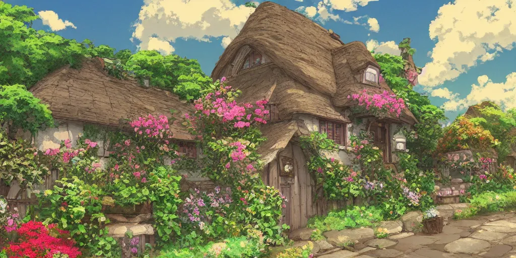 Image similar to flowery cottage, evening, highly detailed, studio ghibli, artstation