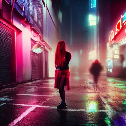 Image similar to skinny pale girl with red hair, cyberpunk city, crypto exchange, neon light, rain, foggy