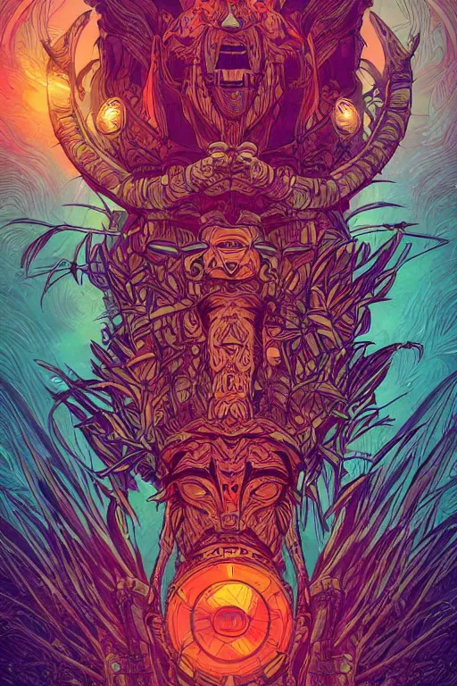 Image similar to totem animal tribal chaman vodoo mask feather gemstone plant video game illustration vivid color borderlands and by feng zhu and loish and laurie greasley, victo ngai, andreas rocha, john harris radiating a glowing aura