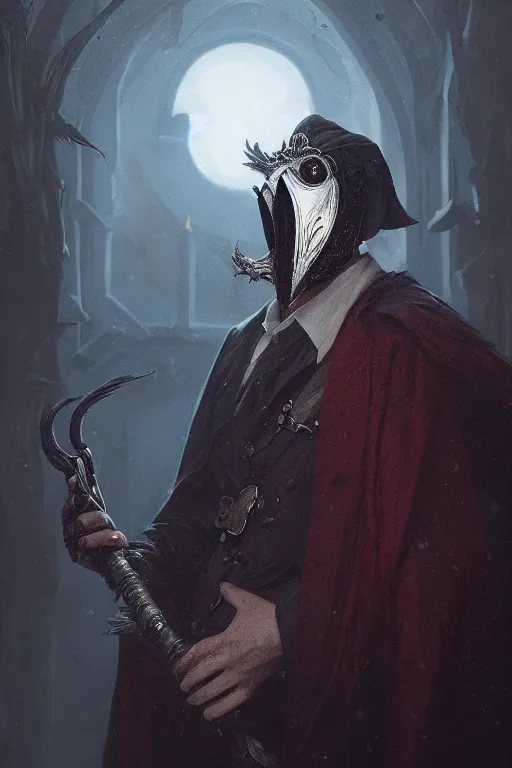 Prompt: A fancy portrait of a occultist wearing a beak mask by Greg Rutkowski, Sung Choi, Mitchell Mohrhauser, Johnson Ting, Bloodborne, 8k photorealistic, volumetric lighting, HD, high details, dramatic, dark atmosphere, trending on artstation