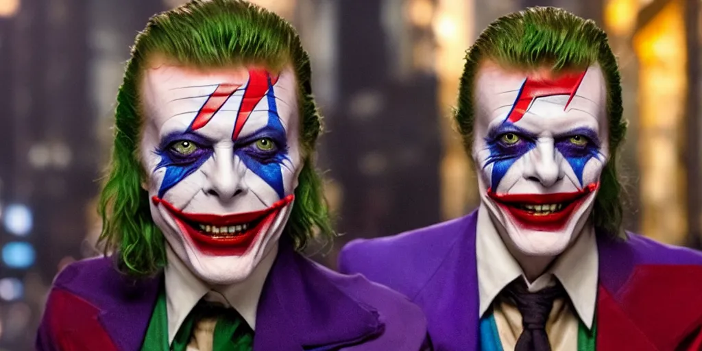 Prompt: A smiling David Bowie as the Joker in Batman, 4k