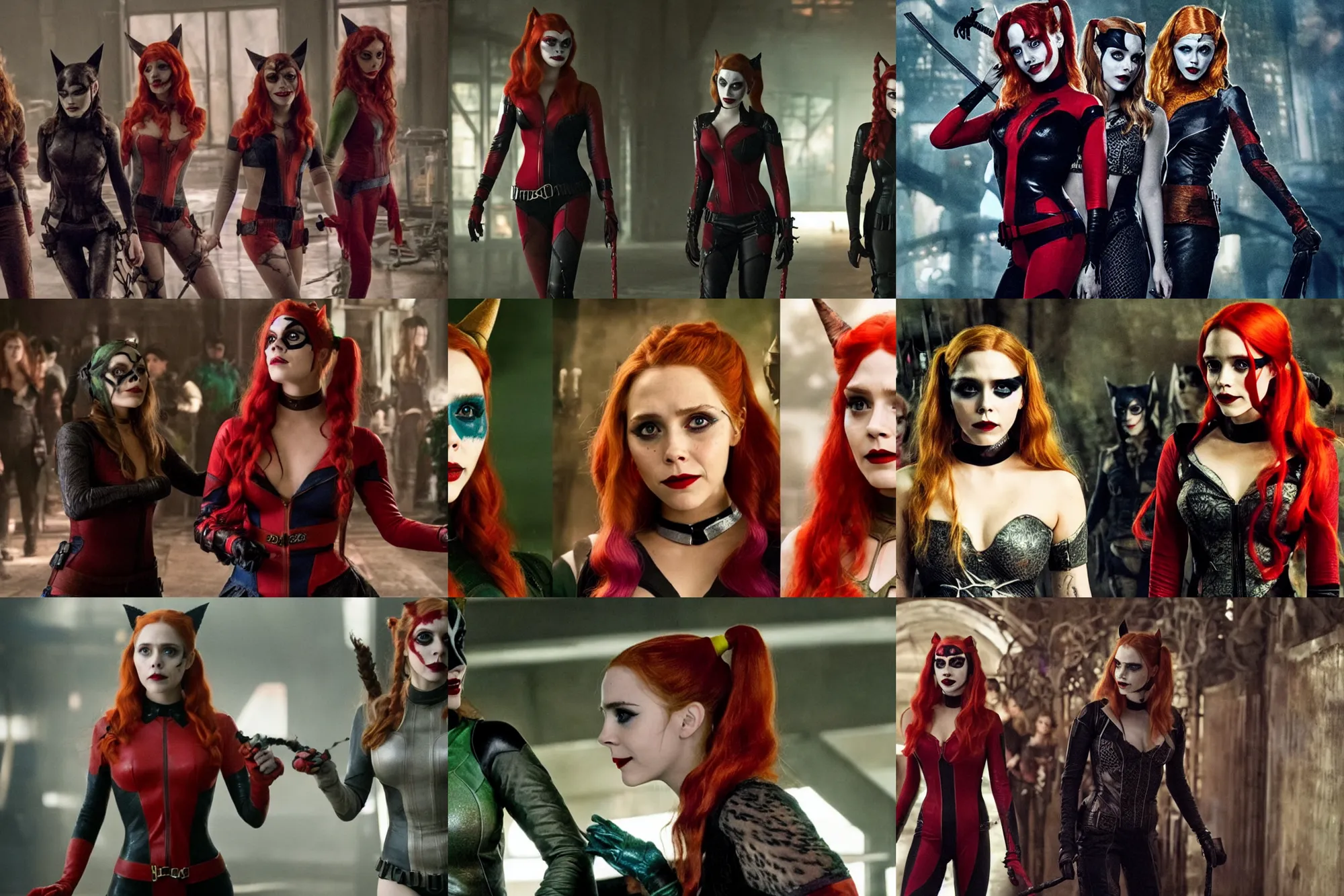 Prompt: elizabeth olsen as harley quinn, emma watson as poisonivy, scarlet johanson as catwoman, movie directed by joss whedon, movie still frame, promotional image, critically acclaimed, top 6 best movie ever imdb list, symmetrical shot, idiosyncratic, relentlessly detailed, cinematic colour palette