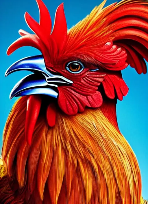 Image similar to photo of a gorgeous rooster, professionally retouched, soft lighting, realistic, colorful feathers, full body shot, torso, perfect eyes, sharp focus on eyes, 8 k, high definition, insanely detailed, intricate, elegant, art by artgerm and j scott campbell