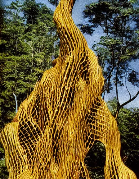 Prompt: vintage color photo of a giant 1 1 0 million years old abstract sculpture made of liquid gold covered by the jungle vines