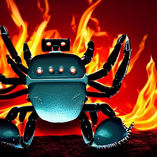 Prompt: a robot crab with the face of bill gates, background of flames.