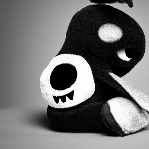 Image similar to close up potrait of an adorable grim reaper plush with black evil eyes, bat wings and venom's mouth, 4k, digital art, no artifacts, the whole image has a soft blur ethereal glow, yin yang symbols are on the background