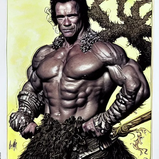 Prompt: a realistic and atmospheric portrait of arnold schwarzenegger as a druidic warrior wizard looking at the camera with an intelligent gaze by rebecca guay, michael kaluta, charles vess and jean moebius giraud