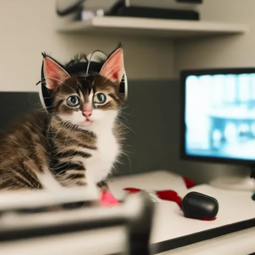 Prompt: Kitten playing video games in an bedroom, looking at a colorful computer monitor, wearing black headphones