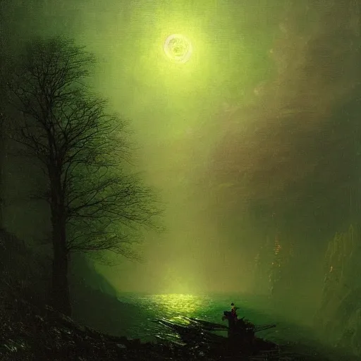 Prompt: nighttime painting, haunted eldritch gorge, greenish moonlight, in the style of ivan aivazovsky, john atkinson grimshaw, albert bierstadt, oil on canvas