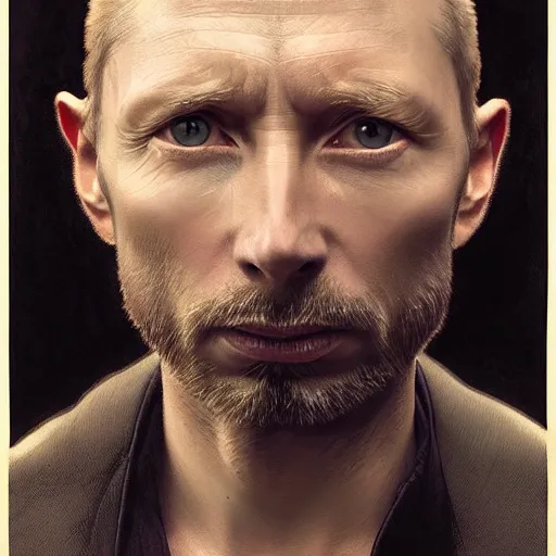 Prompt: hyper realistic, variations portrait of smooth old thom yorke hairless, strong variations singer songwriter, ( side ) profile, liminal space, by lee bermejo, alphonse mucha and greg rutkowski, no beard, smooth face