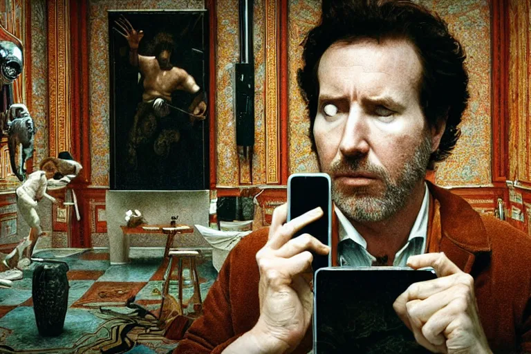 Image similar to hyperrealism aesthetic ridley scott and caravaggio and denis villeneuve style photography of a detailed giant, siting on a detailed ultra huge toilet and scrolling his smartphone in surreal scene from detailed art house movie in style of alejandro jodorowsky and wes anderson