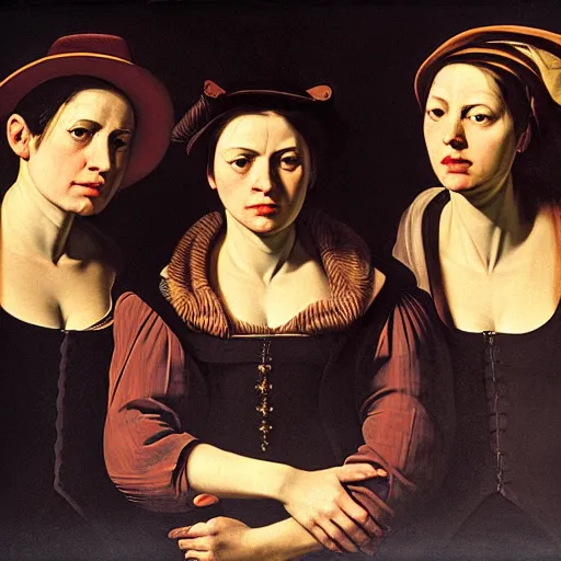 Image similar to portrait of three female outlaws, by caravaggio