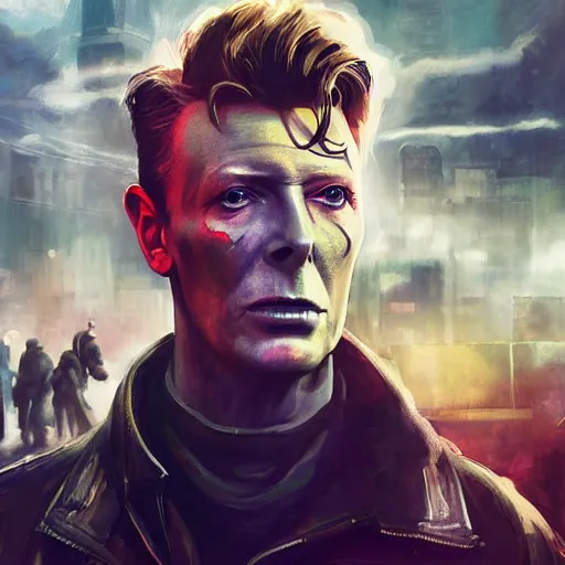 Image similar to fallout 5, charismatic david bowie, portrait, outdoors ruined cityscape, atmospheric lighting, painted, intricate, volumetric lighting, beautiful, daytime, sunny weather, slight overcast, sharp focus, deep colours, ultra detailed, by leesha hannigan, ross tran, thierry doizon, kai carpenter, ignacio fernandez rios