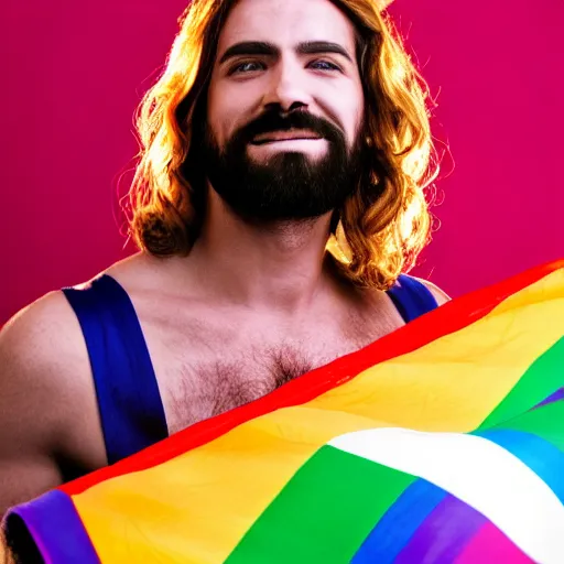 Image similar to super very gay jesus, jesus holding gay flag, jesus kissing a man, realistic gay jesus, 4 k, trending on artstation, beautiful, gay, gay pride, jesus, christian, studio lighting