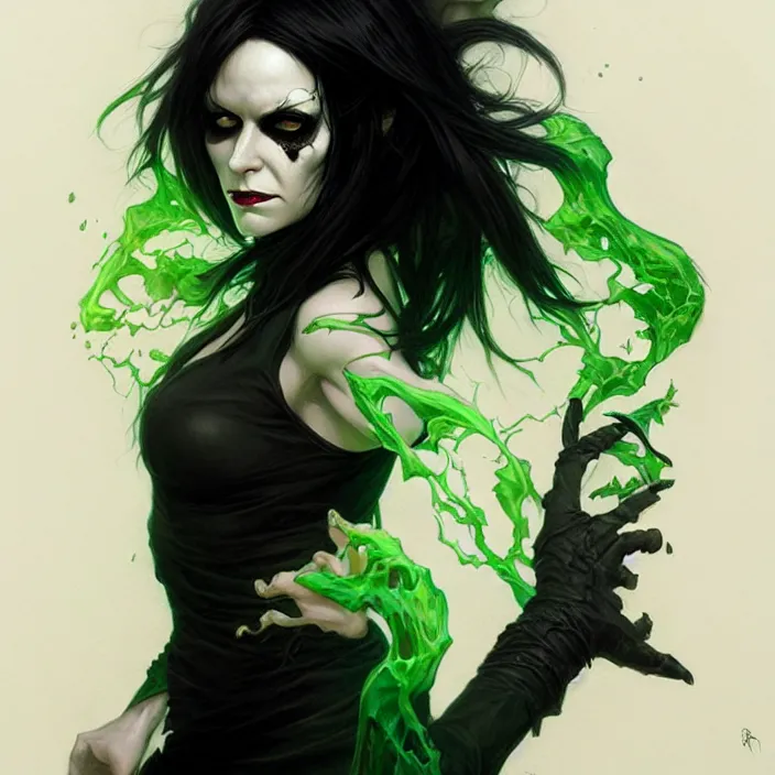 Image similar to portrait of death from sandman, black hair, green eyes, elegant, real life skin, intricate artwork, high detailed, artstation, concept art, smooth, sharp focus, art by artgerm and greg rutkowski @ ruprechy