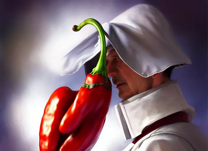 Prompt: anthropomorphic pepper wearing a white doctor's uniform, diffuse lighting, fantasy, hospital background, intricate, elegant, highly detailed, lifelike, photorealistic, digital painting, artstation, illustration, concept art, smooth, sharp focus, art by frank frazetta and marco bucci and loish and rossdraws and artgerm and alphonse mucha