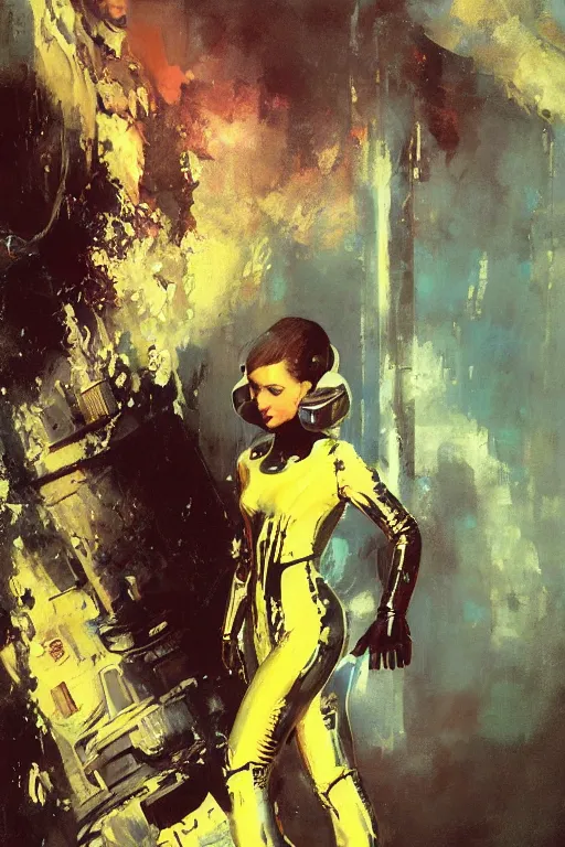 Image similar to pulp scifi fantasy illustration full body portrait of elegant woman wearing latex spacesuit, by norman rockwell, jack kirby, bergey, craig mullins, ruan jia, jeremy mann, tom lovell, 5 0 s, astounding stories, fantasy