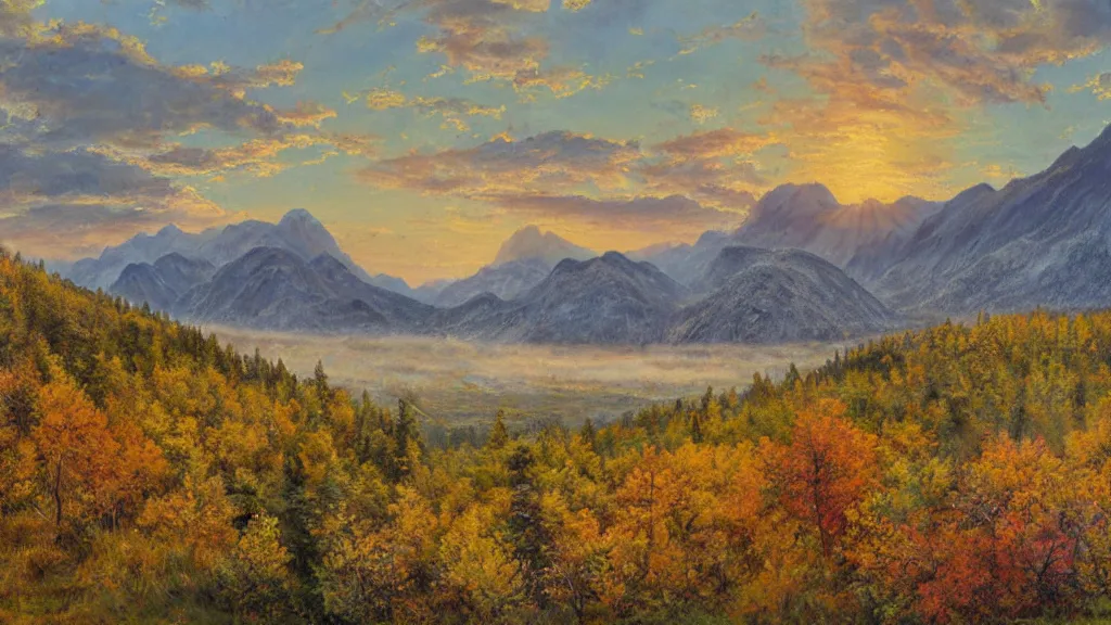 Image similar to The most beautiful panoramic landscape, oil painting, where the mountains are towering over the valley below their peaks shrouded in mist, the sun is just peeking over the horizon producing an awesome flare and the sky is ablaze with warm colors, lots of birds and stratus clouds. The river is winding its way through the valley and the trees are starting to turn yellow and red, by Greg Rutkowski, aerial view, naturalism