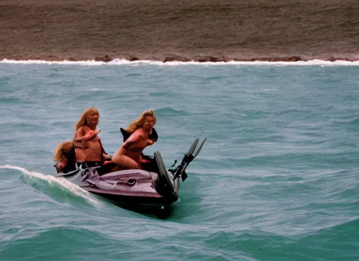 Prompt: photo of viking women in speed boats hunting surfers, fujifilm velvia 5 0