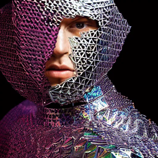 Image similar to a portrait of a beautiful young male wearing an alexander mcqueen armor made of holographic origami , photographed by andrew thomas huang, artistic