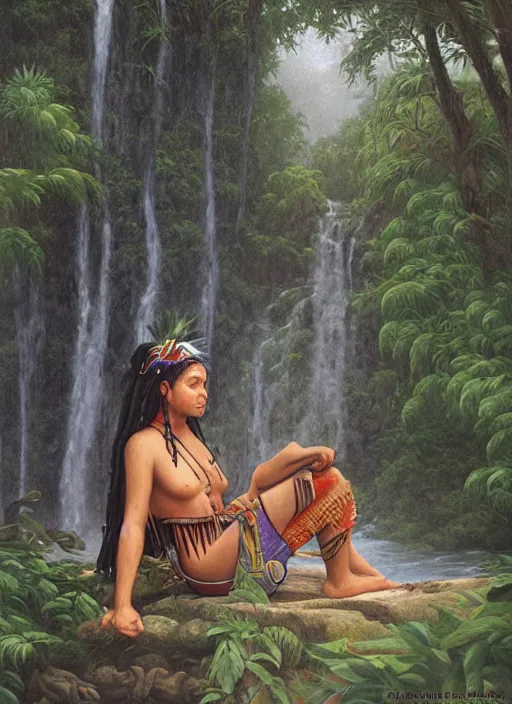 Image similar to a realistic painting of an indigenous female shaman relaxing near a river in the amazon jungle, gazing at the water, highly detailed, art by christophe vacher